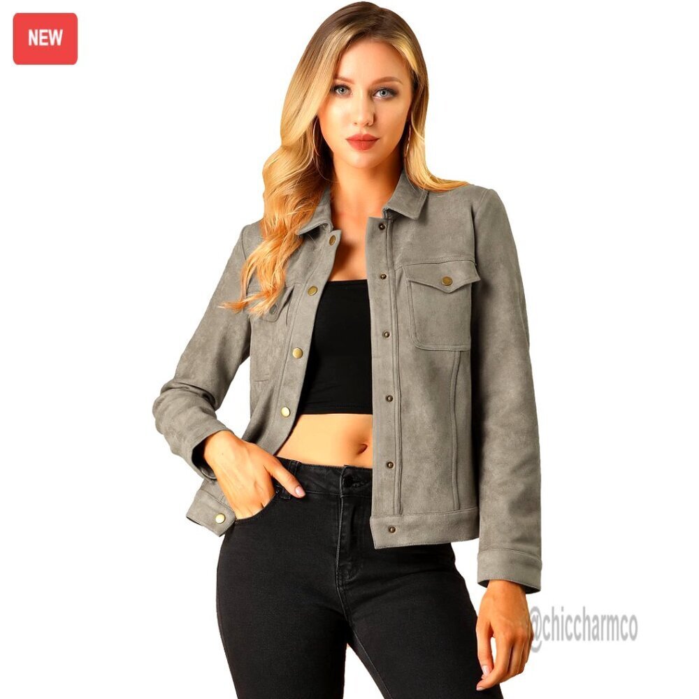 Faux Suede Turn-Down Collar Shacket with Snap Buttons and Flap Pockets